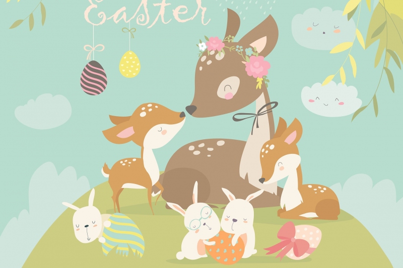 动画片与逗人喜爱的兔宝宝的鹿家庭。快乐的动画